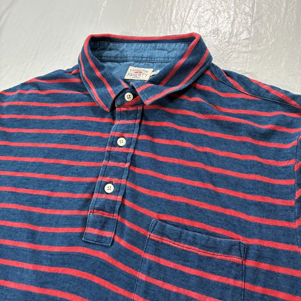 Faherty Breton Polo Shirt Mens Size L Light Blue w/ Pink Stripes Short Sleeve